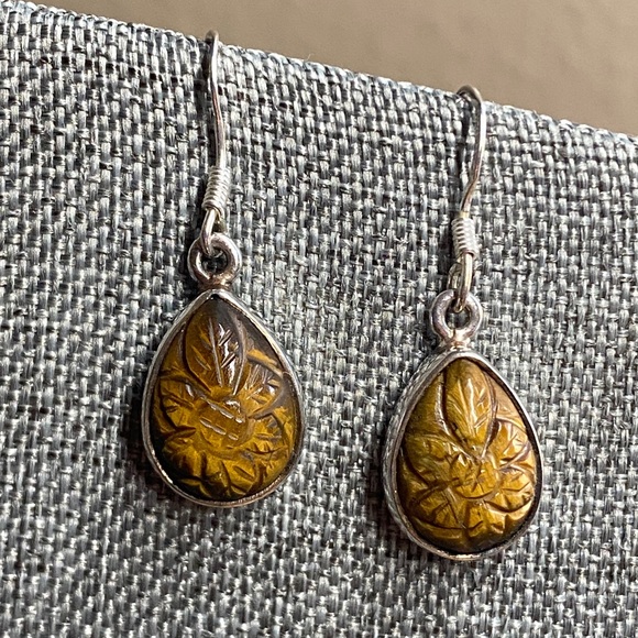 Estate Jewelry - Vintage Carved Tiger’s Eye Teardrop Earrings 925 Sterling Silver Dangle